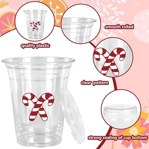 JarThenaAMCS 60Pcs Christmas Plastic Cups with Lids Straws Drinking Cup 12oz Gingerbread Man Candy Cane Disposable Cups for Xmas Winter Holiday thumbnail 4