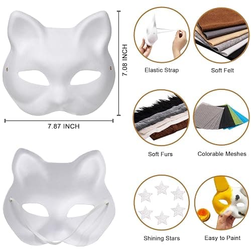 OPPKIE Cat Fox Therian Masks 42PCS with Felt Furs Eye Meshes and Stars, Costume Furry Masks to Paint, Animal Mask Arts Crafts Kit, Dress Up DIY for Halloween Christmas Cosplay Party Interaction thumbnail 2