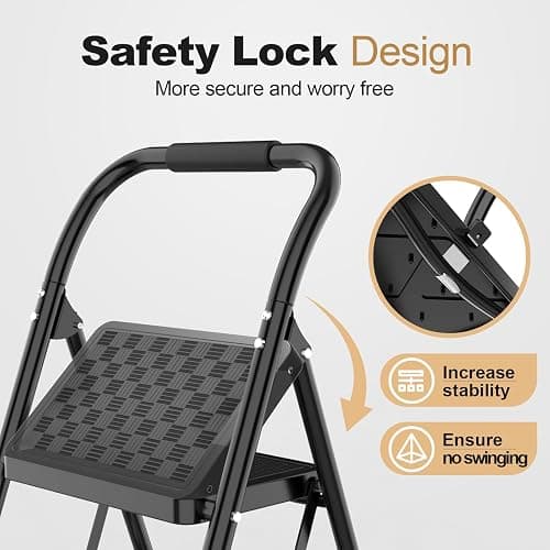 HBTower 3 Step Ladder, 3 Step Stool for Adults, 3 Step Ladder Folding Step Stool with Cushioned Handle Step Ladder with Wide Pedal Ergonomic Design,Black thumbnail 4