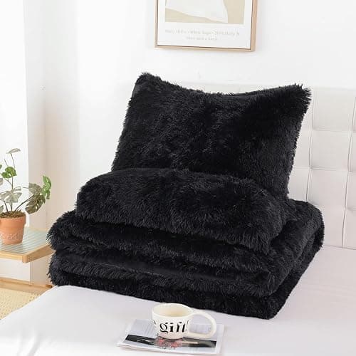 Smoofy Fluffy Queen Comforter Set, Faux Fur Black Comforter Set Queen Size, Luxury Fuzzy Bedding Set, Soft Shaggy Bed Set for All Season, 3 Pieces - 1 Comforter & 2 Pillowcases thumbnail 7
