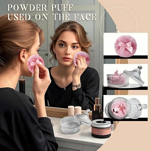 Habitable tree 2 Pcs Large Body Powder Puff and Container Valentine's Day gift Powder Container with Puff Crystal Case Soft Washable Reusable Velour Face Body Glitter Wet Dry Makeup (Pink) thumbnail 2