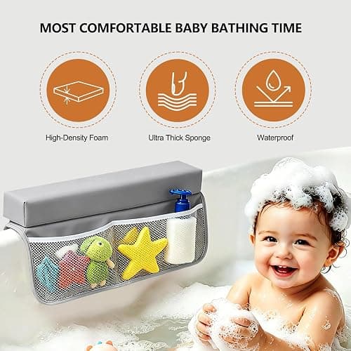 JVEOO Baby Waterproof Vegan Leather Bath Kneeler and Elbow Rest Pad Set | Thickened Non-Slip Memory Foam Knee & Arm Support Bathtub Mat with Toy Organizer for Infant Toddler Bathing thumbnail 4