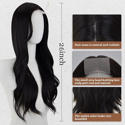 FREE BEAUTY Long Black Wavy Wig for Women 26 Inch Middle Part Curly Wavy Wig Natural Looking Synthetic Heat Resistant Fiber Wig for Daily Party Use thumbnail 4