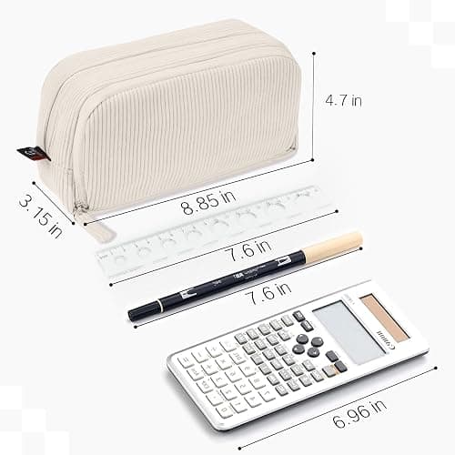 Sooez Big Capacity Pencil Case Pen Pouch, Soft Corduroy Pencil Bag with 3 Compartment, Multiple Pockets, Sturdy Zipper, Cute School Supplies Pen Bag Organizer For Teen Girls College, Beige thumbnail 7
