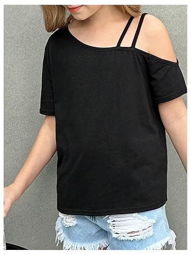RoseSeek Girl's Y2k Off The Shoulder Tops Loose Summer T Shirt Trendy | Short Sleeve, Cold Shoulder, Trendy Casual Style, Preppy Aesthetic, Size 10-12, Cute Clothes thumbnail 3