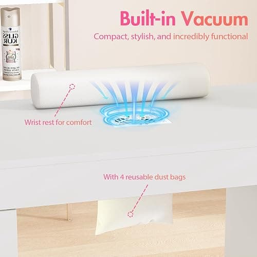 Manicure Table for Nail Tech w/ LED Light Display Cabinet, Nail Desk with Lockable Wheels, Dust Collector, Drawers, Wrist Rest, Acetone-Resistant, for Beauty Salon, Spa & Home Workstation (White) thumbnail 5