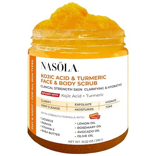 Nasola Kojic Acid Turmeric Face and Body Scrub - Moisturizing & Exfoliating Sugar Scrub with Shea Butter & Oils For All Skin Types - Removes Dead Skin for Hydrated Feel, Great Gifts For Women & Men - Image 1