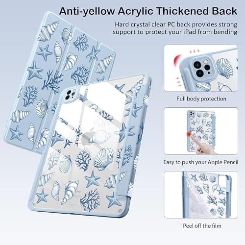 BlHMCASE Cute Sea Shell Conch for iPad Air 13 Inch Case M3 2025/M2 2024 with Pencil Holder, Auto Sleep/Wake, Blue Leather Clear Acrylic Back Cover thumbnail 4