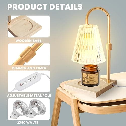 Candle Warmer Lamp with Timer & Dimmer, Lampe Chauffe Bougie Adjustable Height for Scented Jar Candles, Flameless Wax Melter Warmer with 2 Bulbs, Safe Home Decor Gift for Women, Mother thumbnail 5