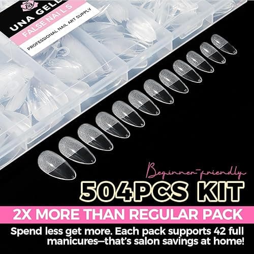 UNA GELLA Almond Gel Nail Tips, 504PCS Pre Etched Clear Fake Nails Tips Medium Almond Shape - 12 Sizes Full Cover Soft Acrylic Press On Nail Extensions No C Curve Gift for Diy at Home thumbnail 5