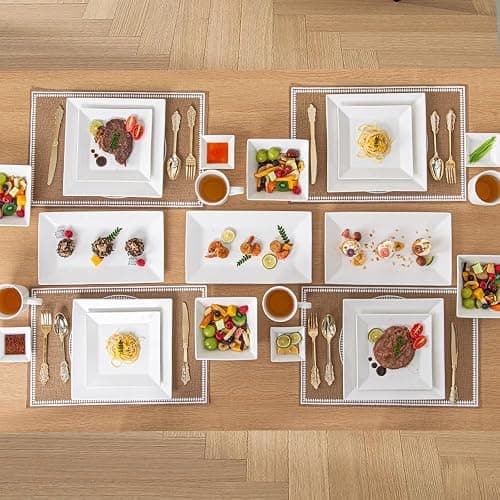 Porlien 16-Piece Classic Square Dinnerware Set for 4-Square Dinner Plates, Dessert Plates, Bowls & Dipping Saucers, Off White Dishes for 4 thumbnail 6