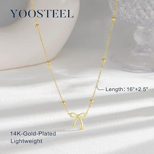 Yoosteel Valentines Gifts for Kids Teen Girls Her - Valentines Day Necklace 14K-Gold-Plated Dainty Bow Necklaces Cute Choker Small Tiny Bow Pendant Necklace Trendy Jewelry Gift for Teenage Girl Women thumbnail 4