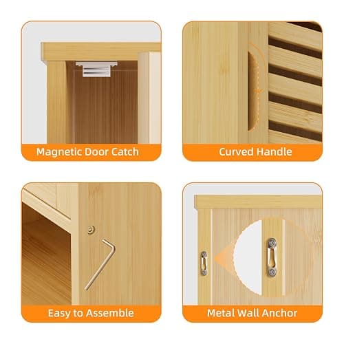 HITNET Bathroom Wall Cabinet, Medicine Cabinet Over The Toilet, Bamboo Hanging Storage Organizer with Single Door and Open Bottom Shelf, for Kitchen Living Room, Natural thumbnail 4