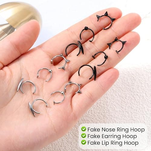 Alrhso 12 Pcs Fake Lip Ring Fake Snake Bite Non-Piercing Lip Cuff Ear Cuff Stainless Steel Vampire Teeth Ring Septum Nose Piercing Set for Women Men (Black Silver) thumbnail 3