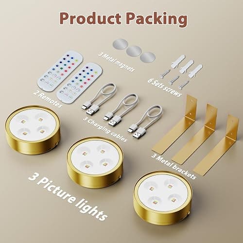 Bawoo 3Pcs Picture Lights for Wall RGB Magnetic Rechargeable Wall Lights,Wireless Battery Operated Art Lights for Paintings,Remote, Dimmable, Timer,Stick On Display Lamp,Poster Light,Puck Light,Gold thumbnail 9