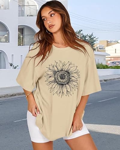 Womens Oversized Tshirt Graphic Tees Crew Neck Summer Short Sleeve Loose Fit Tops - Small - A-sunflower Print Khaki thumbnail 8