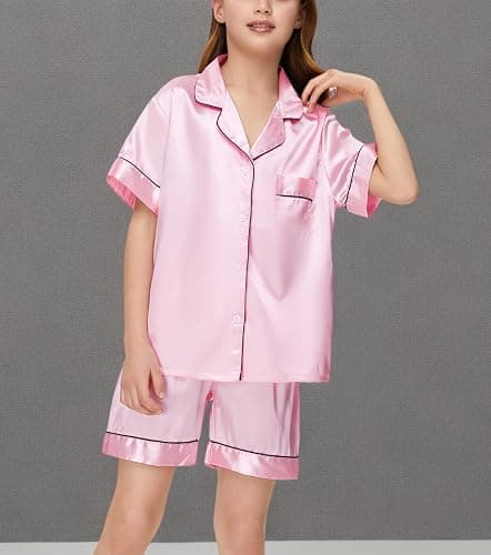 EPLAZA Kids Satin Pajamas Sets Girls Boys Button-Down Silky Pajamas Sleepwear with Hairband Eye Mask Hair Tie thumbnail 6
