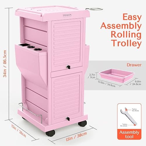 TASALON Professional Salon Trolley Cart, Lockable 6 Trays & 2 Holders, Space Saving Mobile Storage for Hair Salon and Beauty Station​ - Pink thumbnail 5