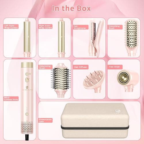 Hair Dryer Brush 8-in-1 Dual Voltage Hot Air Styler – Fast-Drying 110,000 RPM Ionic Blow Dryer with Straightener & Curler Attachments, Frizz-Free Volumizing Styler with Protective Hard Case-Pink thumbnail 9