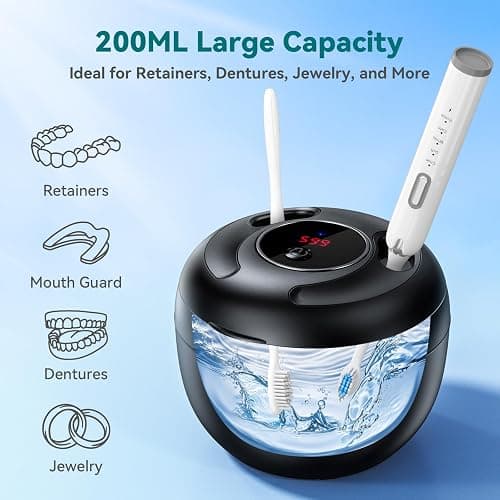 Dental Ultrasonic Retainer Cleaner Machine - 45kHz Dental Cleaning Pod with 4 Modes, Digital Timer & 200ML Capacity for Denture, Mouth Guard, Aligner, Night Guard, Braces, Toothbrush Head & Jewelry thumbnail 6