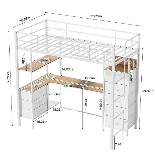 SAHISTCT Twin Size Loft Bed with Desk, LED Lights, Charging Station, Industrial Loft Bed Frame with 3 Storage Shelves and 8 Fabric Drawers, Safety Guard & Ladder,LED Metal Twin Size Bunk Bed (White) thumbnail 2