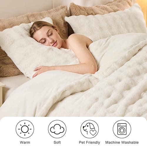 EMME Faux Fur Duvet Cover King Size, 3 Pieces Ultra Soft Fluffy Comforter Cover, Cozy Warm for Winter, Luxury Elegant Shaggy Bubble Design Bedding, 1 Duvet Cover & 2 Pillow Shams (King, Cream White) thumbnail 2