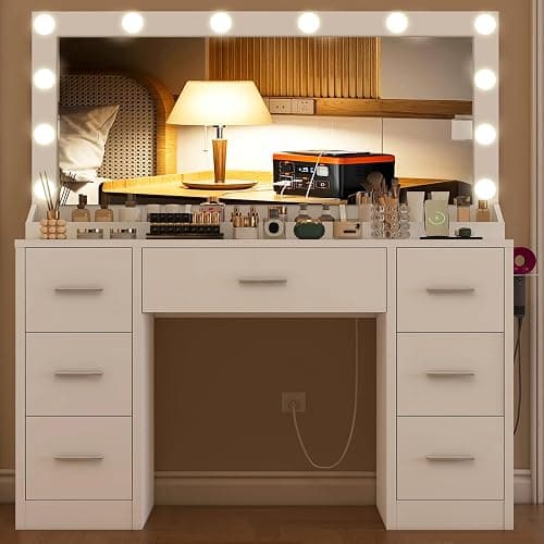 FIONESO Vanity with Large Mirror and 12 LED Lights, Vanity Desk with 7 Drawers & Hairdryer Holder, Makeup Vanity Desk with Charging Station for Women, Girls, 3 Lighting Color Adjustable, White thumbnail 9