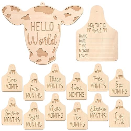 Huray Rayho Cow Baby Monthly Cards Rustic Wooden Herd Cattle Newborn Photography Props to Record Your Baby´s Growth, Gift Set of 14 Reversible Cards for Pregnancy and Baby Shower - white