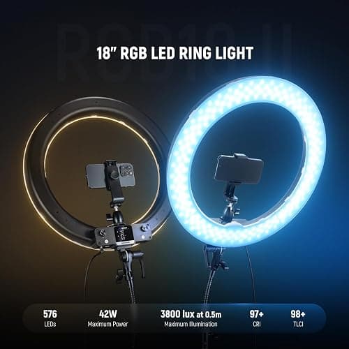 NEEWER 18 Inch RGB LED Ring Light APP Control with Tripod Stand and Phone HolderCompatible with iPhone for Selfie Makeup Lash Studio Streaming Video Recording Lighting, 42W Ringlight Dimmable,RGB18 II thumbnail 2