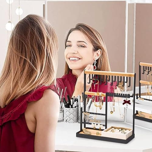 DreamGenius Jewelry Organizer Stand with Velvet Ring Holder, 4 Tier Jewelry Holder Organizer with 15 Hooks for Necklaces and 16 Holes for Earrings, Black thumbnail 2