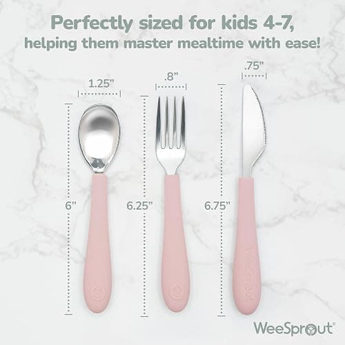 Kids Stainless Steel Utensils Set - Premium 18/8 Grade Silverware Kit - 2 Spoons, 2 Forks, and 2 Knives for Ages 4-7 - Silicone Easy-Grip Handles - Children Flatware Cutlery (Bright - Purple, Pink) thumbnail 2