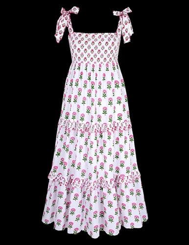 Summer Dress for Women Boho Tie Shoulder Floral Smocked Flowy Long Dress Ruffle Beach Vocation Maxi Sundress - Tie Colorful - Medium thumbnail 4