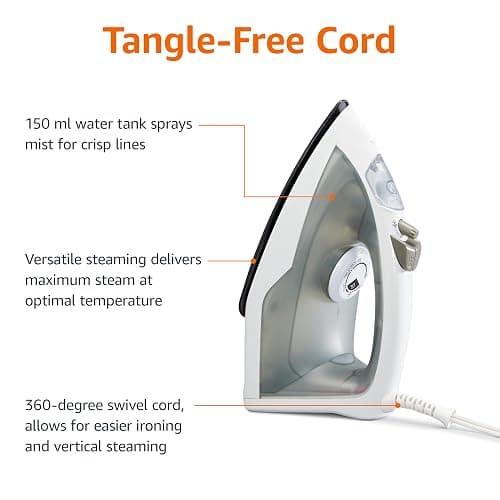 Amazon Basics 1200W 10” Steam Iron, With Non-Stick Teflon Soleplate, 5 Fl Oz Water Tank (150 ML), Auto Shut-Off, Anti-Drip, Anti-Calcification, Thermostat, 6.5Ft Cord, Gray thumbnail 6
