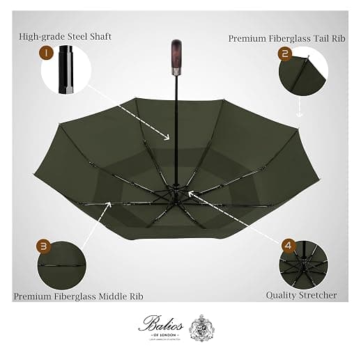 Balios Travel Folding Umbrella with Real Wood Handle Auto Open Close Vented Windproof Canopy - Designed in UK thumbnail 5