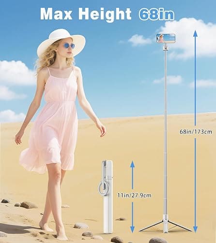 TONEOF 68" Magnetic Selfie Stick Tripod with Aluminum Strong Magnetic Holder for Magsafe, 360° Rotatable Travel Phone Tripod Stand with Metal Ring & Rechargeable Remote for iPhone/Android(Beige Gray) thumbnail 4