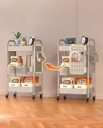 ALVOROG 3 Tier Rolling Cart with DIY Pegboards Metal Utility Cart with Wheels Handles Baskets Hooks, Craft Cart for Office Kitchen Bathroom(Khaki) thumbnail 2