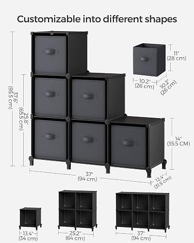 SONGMICS Cube Storage Organizer with Storage Boxes, 6-Cube Organizer, 6 Collapsible Non-Woven Fabric Bins, Customizable, Space-Saving, Living Room, Ink Black and Dove Gray ULPC062B01 thumbnail 3