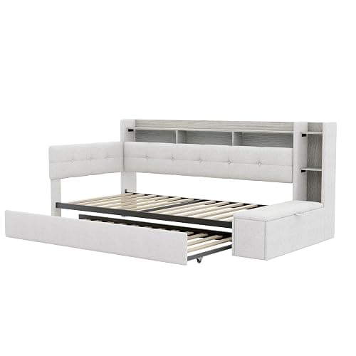 Upholstered Corner Day Bed Frame with Trundle, Footstool and Drawers, Beige | Modern floor upholstery daybed with l shape button tufted headboard, bookshelf, charging station and LED light thumbnail 9
