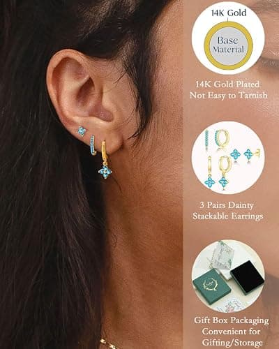 FROLOVER 3 Pairs Gold Hoop Earrings Set for Women, Hypoallergenic 14K Gold Plated Huggie Earrings Stacks for Multiple Piercing Dainty Stud Earring Cartilage Birthstone Earring Women Jewelry Gift thumbnail 4