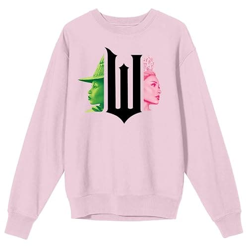 Bioworld Wicked Part 1 W Character Graphics Women's Cradle Pink Crew Neck Long Sleeve Sweatshirt - Image 1