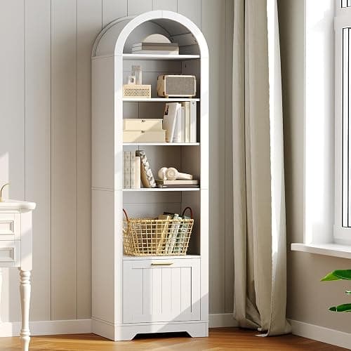HOOBRO 71" Tall Arched Bookshelf, 6-Tier Narrow Arched Bookcase with File Drawer, Farmhouse BookShelf with Adjustable Shelves, Wooden Bookshelf with Open Display Shelves for Living Room, Office, White - Image 1
