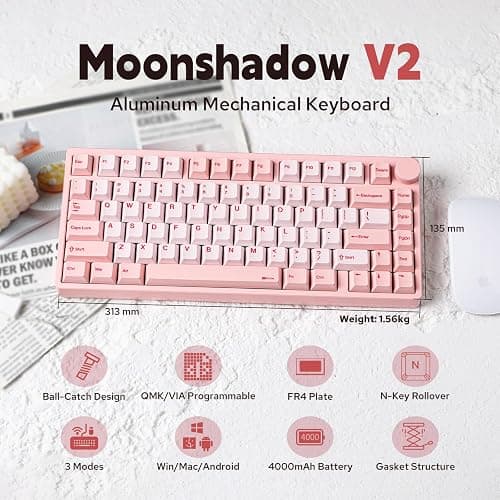 KiiBoom Moonshadow V2 75% Wireless Aluminum Gaming Keyboard, QMK&VIA Programmable, BT5.0/2.4GHz/USB-C, Hot-Swappable Creamy Mechanical Keyboard with FR4 Plate, Knob, 4000mAh Battery (Pink) thumbnail 2