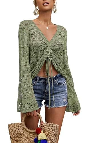 Saodimallsu Womens Boho Off Shoulder Sheer Crop Tops Bell Sleeve Flowy Oversized Crochet Ruched Pullover Sweaters thumbnail 2