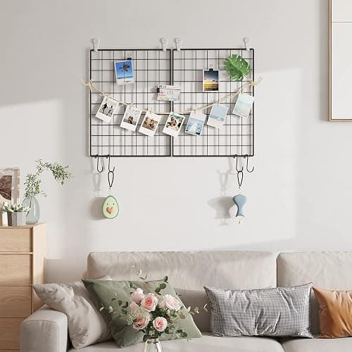 C&AHOME Photo Wall Grid Panel Set of 2, Decor Grid Panel, Photo Display Shelves, Hooks, Clips, Hemp Cord, Hammer, 15.7" 11.8", Black UWWGM3402B thumbnail 5