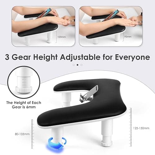 LIONVISON Arm Rest for Nails Tech: U Shaped Adjustable Height Armrest | Ergonomic Nail Hand Rest Stand PU Leather with Rotating Phone Holder for Nail Salon Manicurist - Long-Lasting Black thumbnail 3