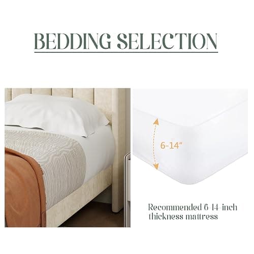 alazyhome Platform Bed Frame King Size with Upholstered Headboard, Solid Wood Slats Support, No Box Spring Needed, Noise Free, Easy Assembly, Modern Velvet Bed, Beige thumbnail 4