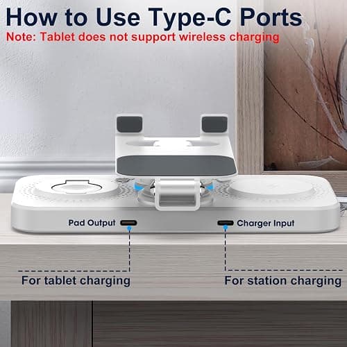 30W Charging Station for Apple Products, Foldable Wireless Charger with Clock Display&7 Color Light, Wired Charging for iPad/Tablet Charging Station for iPhone17, for Apple Watch11 for AirPods4(White thumbnail 6