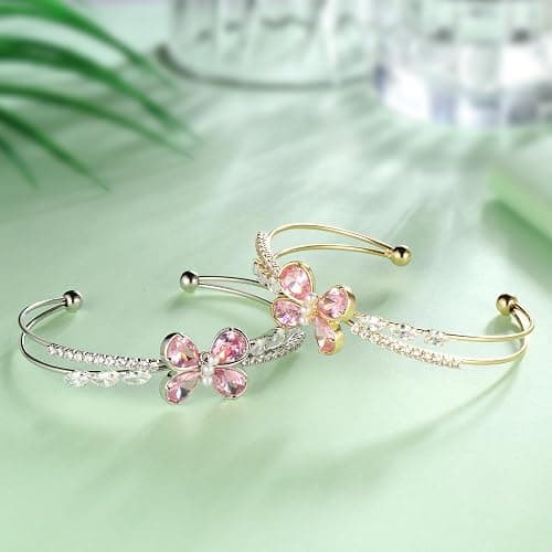 Ydou Butterfly Adjustable Bracelet with Pink Birthstone Sillver/18K Gold Plated Open Cuff Bangle Jewelry for Women CB0013 thumbnail 4