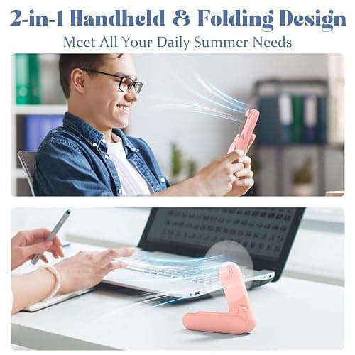 Lerat Portable Handheld Fan, 2 IN 1 Mini Hand Fan, Battery Operated [8-15 Working Hours], USB Rechargeable Personal Foldable Fan for Indoor, Small Pocket Fans Travel Essentials for Outdoor (Pink) thumbnail 2