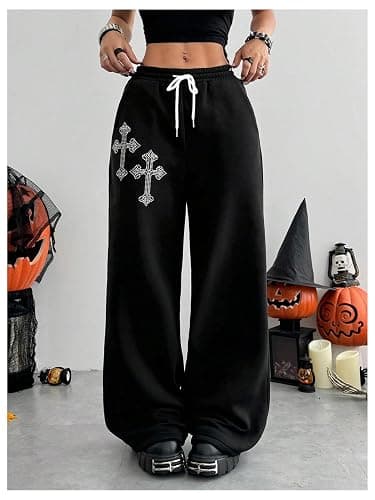 SOLY HUX Women's Y2k Baggy Pants Drawstring Waist Gothic Rhinestone Wide Leg Sweatpants thumbnail 3